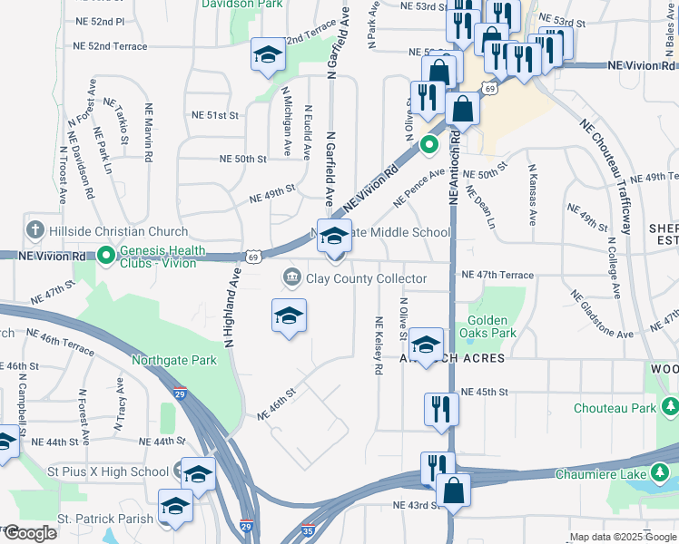 map of restaurants, bars, coffee shops, grocery stores, and more near 4709 North Brooklyn Avenue in Kansas City