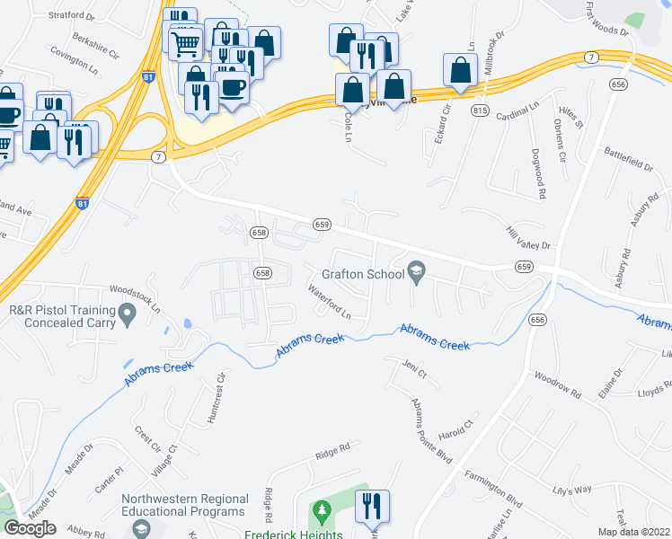 map of restaurants, bars, coffee shops, grocery stores, and more near 136 Little River Drive in Winchester