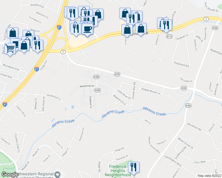 map of restaurants, bars, coffee shops, grocery stores, and more near 211 Little River Drive in Winchester