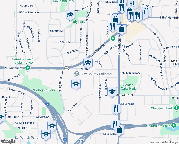 map of restaurants, bars, coffee shops, grocery stores, and more near 2117 Northeast 48th Street in Kansas City
