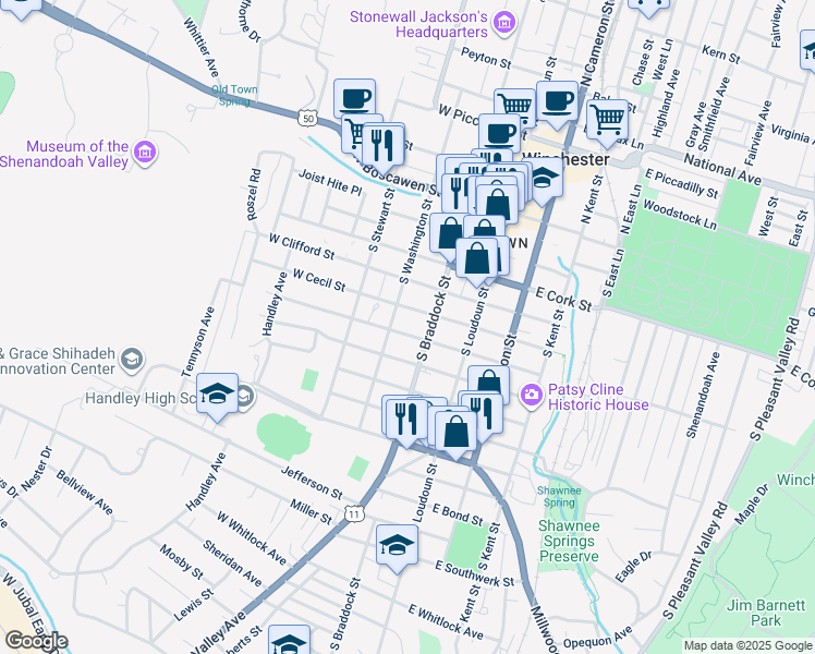 map of restaurants, bars, coffee shops, grocery stores, and more near 118 West Leicester Street in Winchester