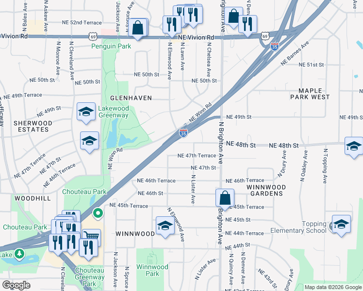 map of restaurants, bars, coffee shops, grocery stores, and more near 4610 Northeast 47th Terrace in Kansas City