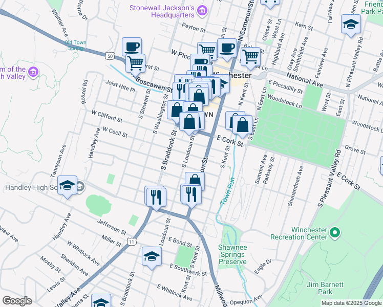 map of restaurants, bars, coffee shops, grocery stores, and more near 18 East Leicester Street in Winchester