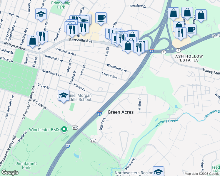 map of restaurants, bars, coffee shops, grocery stores, and more near 1120 Woodstock Lane in Winchester