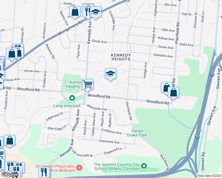 map of restaurants, bars, coffee shops, grocery stores, and more near 3719 Woodford Road in Cincinnati