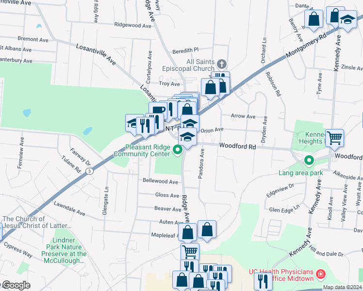 map of restaurants, bars, coffee shops, grocery stores, and more near 5927 Ridge Avenue in Cincinnati