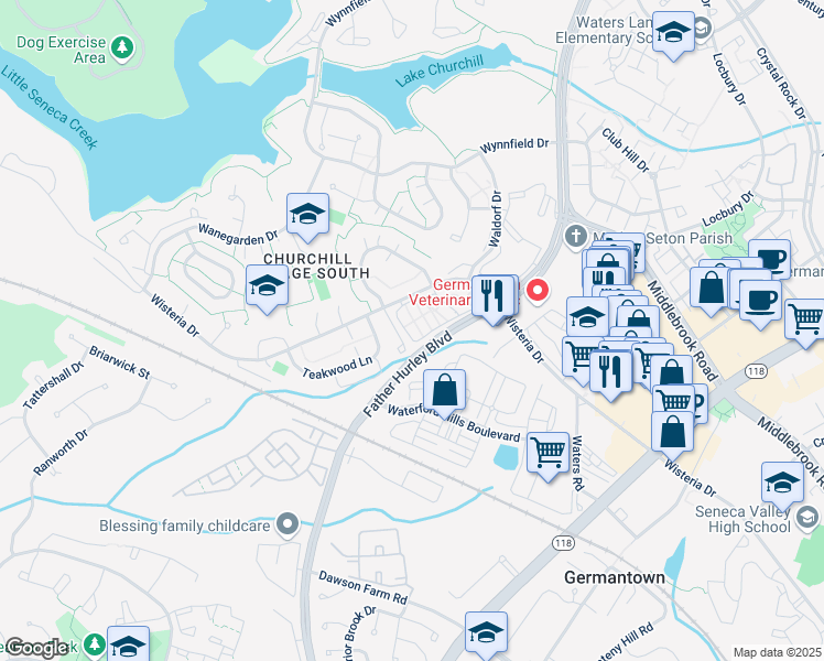 map of restaurants, bars, coffee shops, grocery stores, and more near 13609 Demetrias Way in Germantown