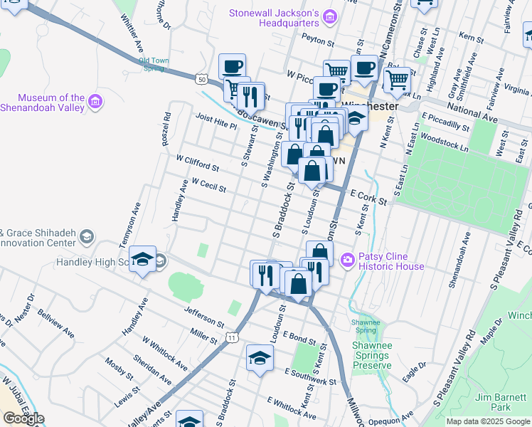 map of restaurants, bars, coffee shops, grocery stores, and more near 118 West Leicester Street in Winchester