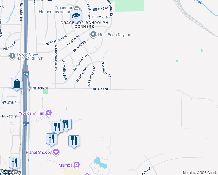 map of restaurants, bars, coffee shops, grocery stores, and more near 4800 North Wallace Avenue in Kansas City