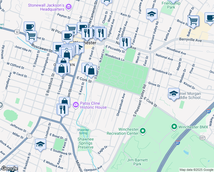 map of restaurants, bars, coffee shops, grocery stores, and more near 221 Parkway Street in Winchester