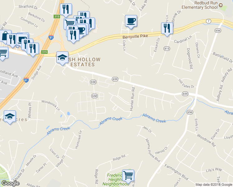map of restaurants, bars, coffee shops, grocery stores, and more near 222 Parkside Drive in Winchester