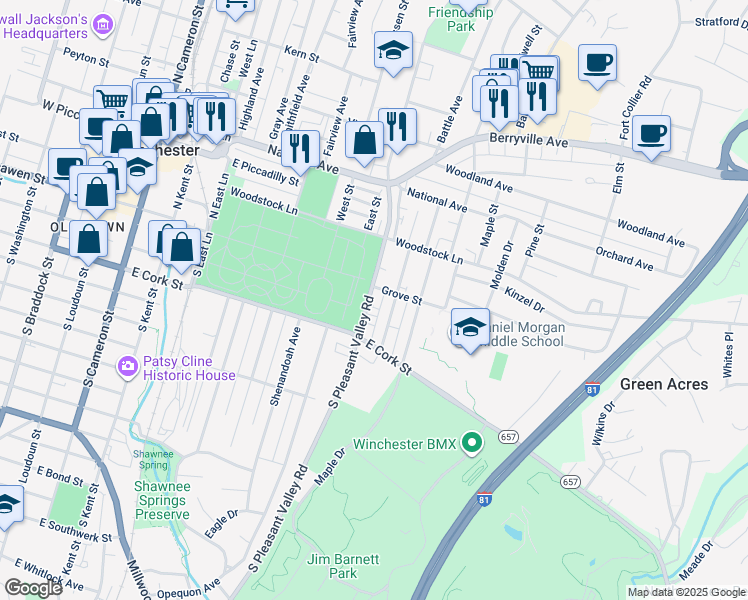 map of restaurants, bars, coffee shops, grocery stores, and more near 20 South Pleasant Valley Road in Winchester