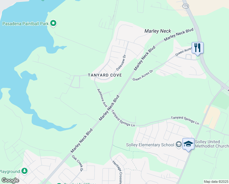 map of restaurants, bars, coffee shops, grocery stores, and more near 21 Inglenook Court in Glen Burnie