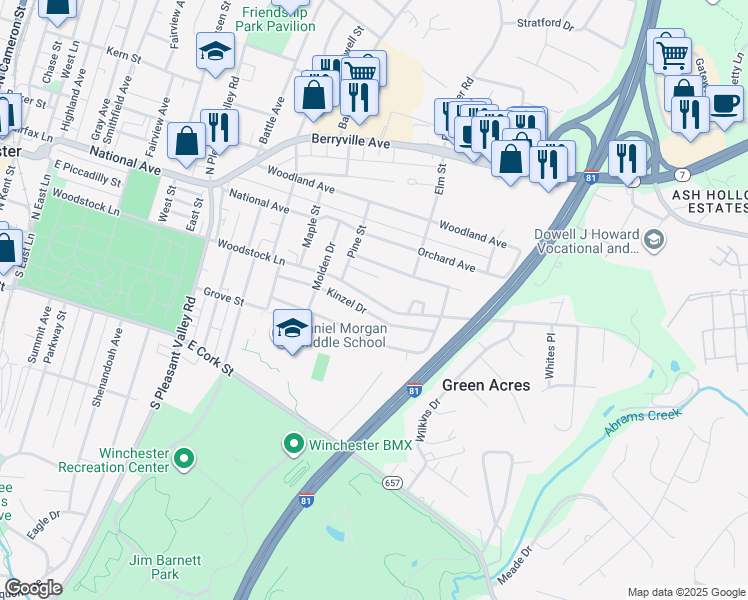 map of restaurants, bars, coffee shops, grocery stores, and more near 943 Kinzel Drive in Winchester