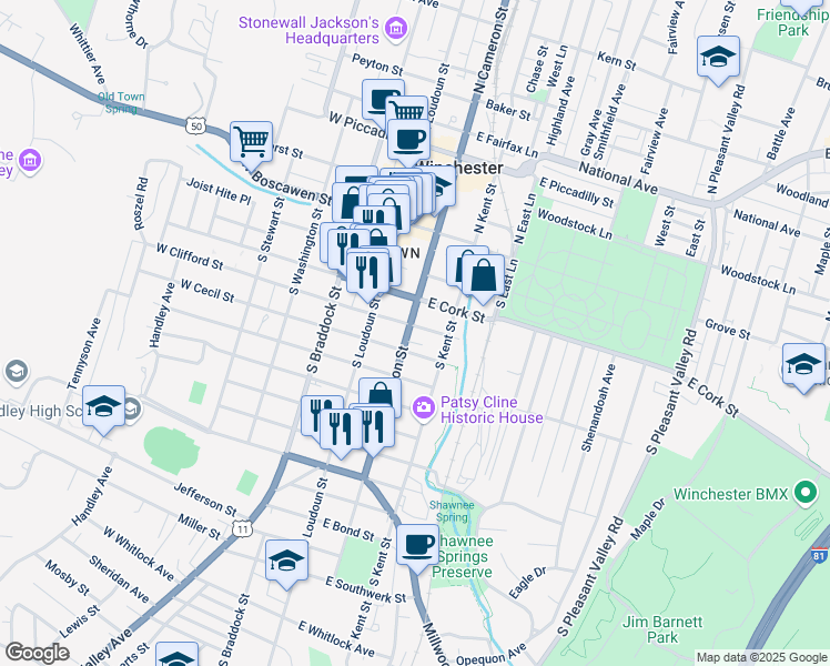 map of restaurants, bars, coffee shops, grocery stores, and more near 107 East Cecil Street in Winchester