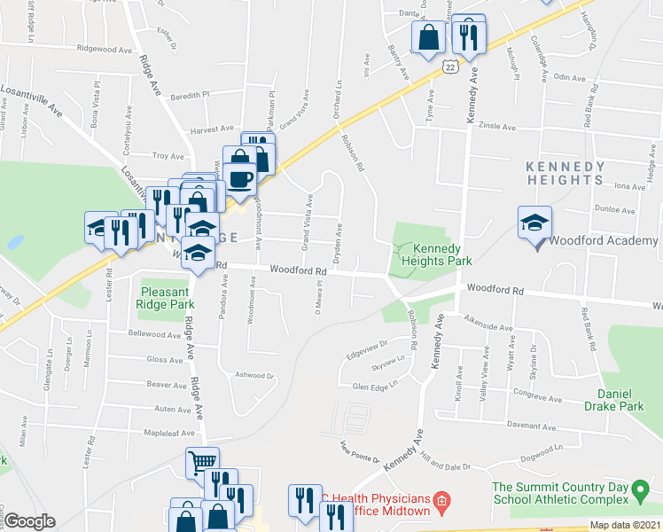 map of restaurants, bars, coffee shops, grocery stores, and more near 5919 Kimberly Avenue in Cincinnati
