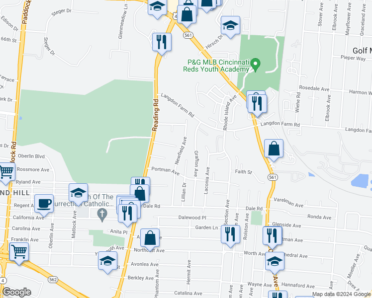 map of restaurants, bars, coffee shops, grocery stores, and more near 5240 Lillian Drive in Cincinnati