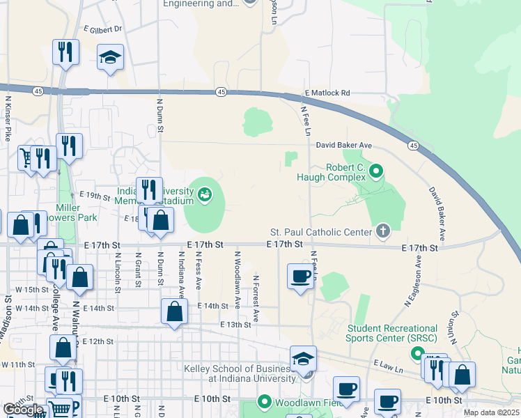 map of restaurants, bars, coffee shops, grocery stores, and more near 1001 E 17th St in Bloomington