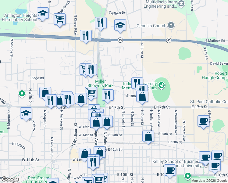map of restaurants, bars, coffee shops, grocery stores, and more near 1314 North Washington Street in Bloomington
