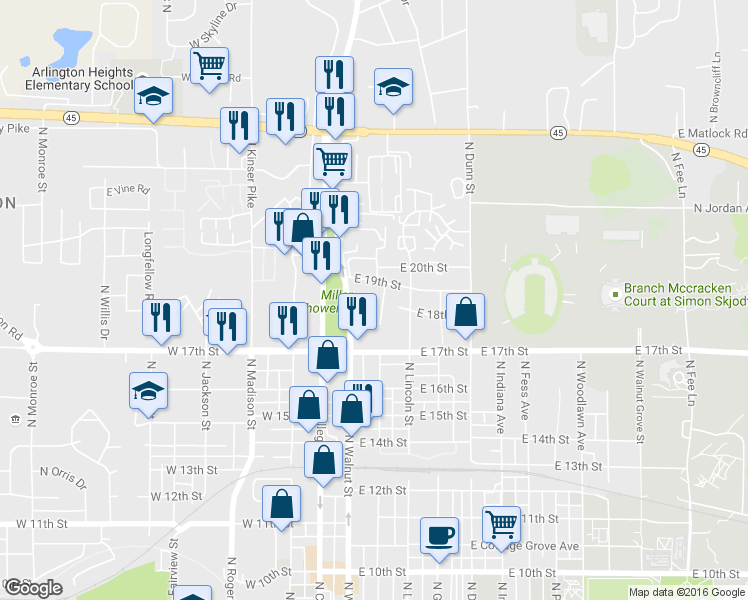 map of restaurants, bars, coffee shops, grocery stores, and more near 1314 North Washington Street in Bloomington