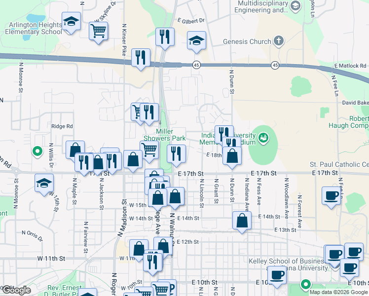 map of restaurants, bars, coffee shops, grocery stores, and more near 1314 North Washington Street in Bloomington
