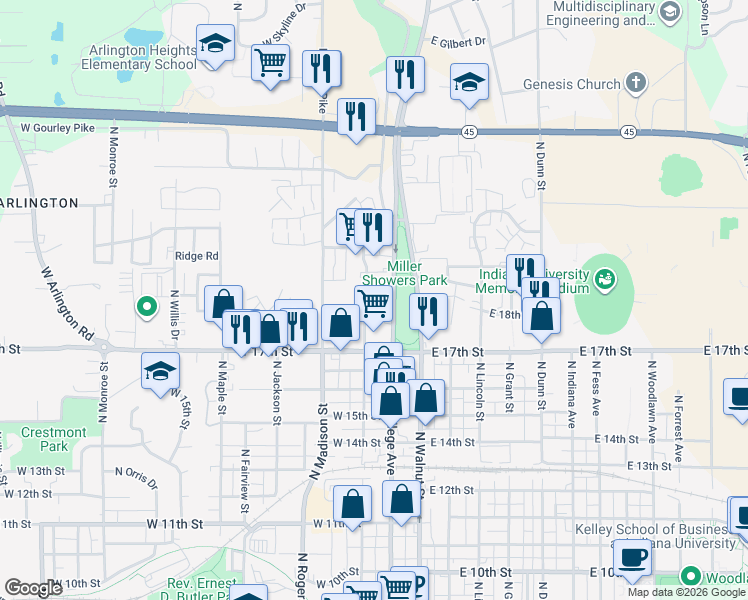 map of restaurants, bars, coffee shops, grocery stores, and more near 1440 North Woodburn Avenue in Bloomington