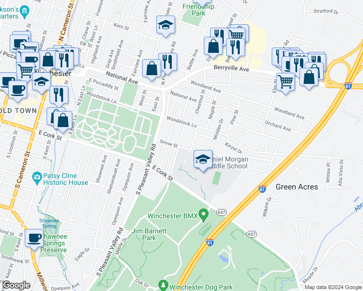 map of restaurants, bars, coffee shops, grocery stores, and more near 8 North Purcell Avenue in Winchester