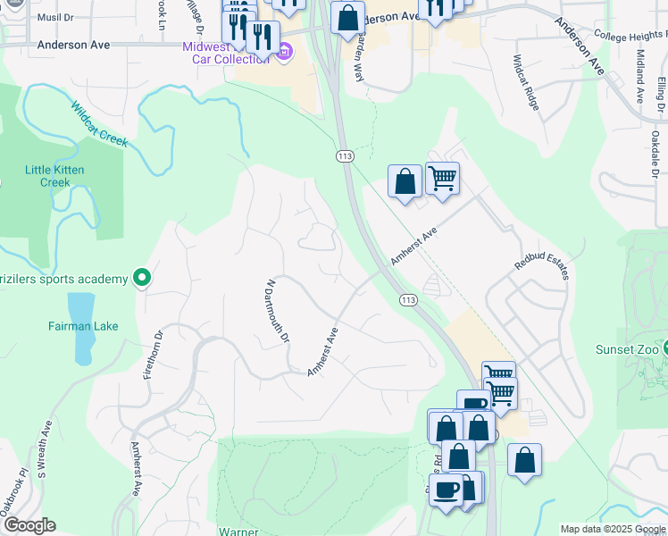 map of restaurants, bars, coffee shops, grocery stores, and more near 207 Research Drive in Manhattan