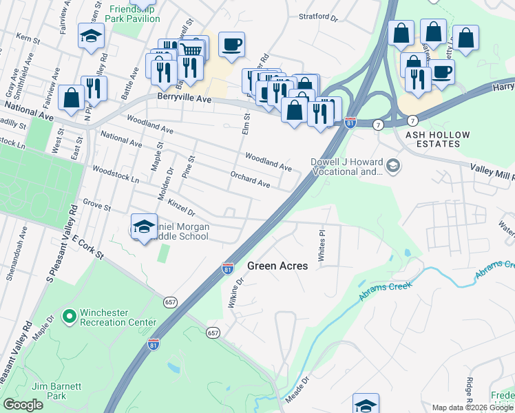 map of restaurants, bars, coffee shops, grocery stores, and more near 1120 Woodstock Lane in Winchester