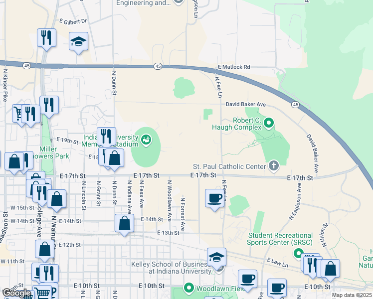 map of restaurants, bars, coffee shops, grocery stores, and more near 1001 East 17th Street in Bloomington
