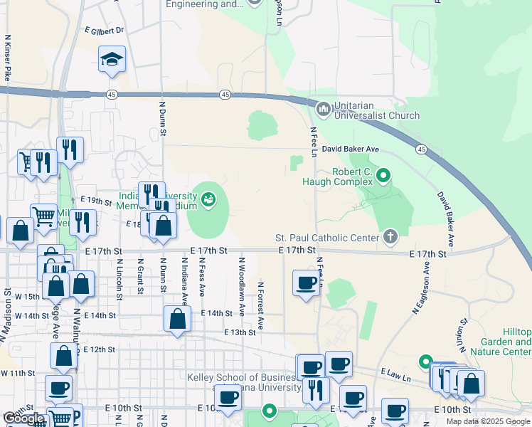 map of restaurants, bars, coffee shops, grocery stores, and more near 1001 East 17th Street in Bloomington