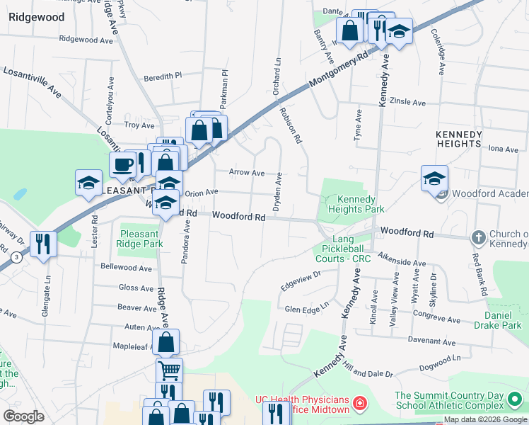 map of restaurants, bars, coffee shops, grocery stores, and more near 5933 O Meara Place in Cincinnati
