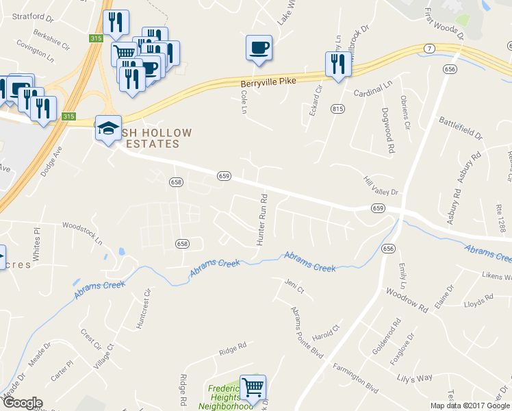 map of restaurants, bars, coffee shops, grocery stores, and more near 200 Hunter Run Road in Winchester