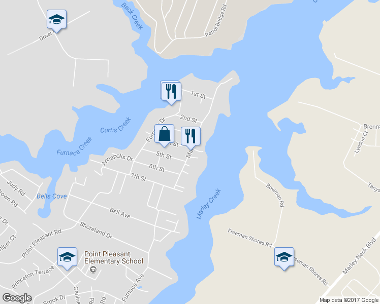 map of restaurants, bars, coffee shops, grocery stores, and more near 1653 Marley Ave in Glen Burnie