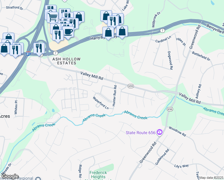 map of restaurants, bars, coffee shops, grocery stores, and more near 200 Hunter Run Road in Winchester