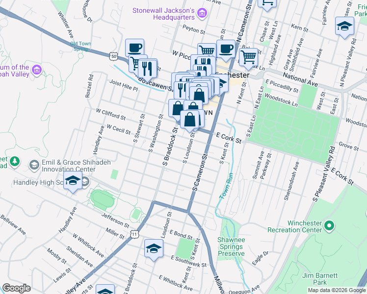 map of restaurants, bars, coffee shops, grocery stores, and more near in Winchester