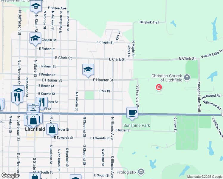 map of restaurants, bars, coffee shops, grocery stores, and more near 915 North Illinois Avenue in Litchfield