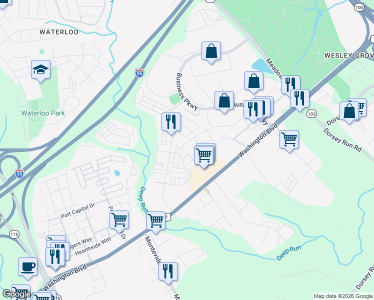 map of restaurants, bars, coffee shops, grocery stores, and more near 7732 Rearden Court in Elkridge