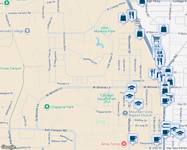 map of restaurants, bars, coffee shops, grocery stores, and more near 2452 Watercrest Court in Carson City