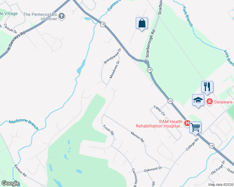 map of restaurants, bars, coffee shops, grocery stores, and more near 263 Troon Road in Dover