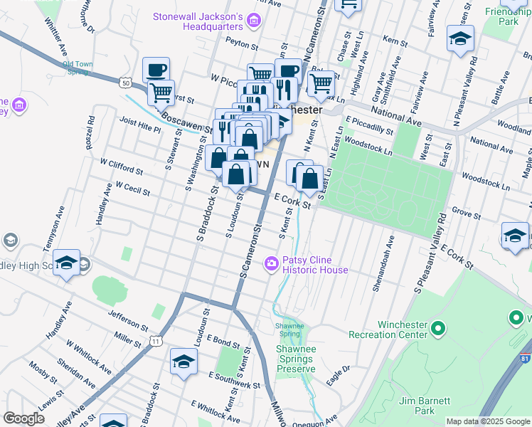 map of restaurants, bars, coffee shops, grocery stores, and more near 204 South Cameron Street in Winchester