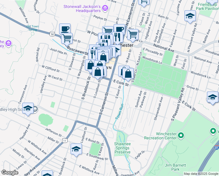 map of restaurants, bars, coffee shops, grocery stores, and more near 204 South Cameron Street in Winchester