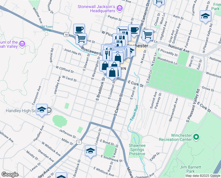 map of restaurants, bars, coffee shops, grocery stores, and more near 224 South Loudoun Street in Winchester