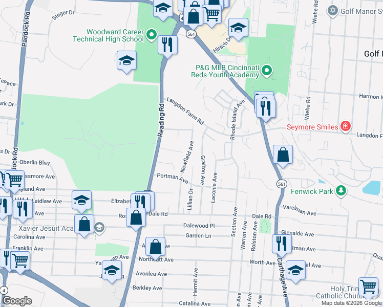 map of restaurants, bars, coffee shops, grocery stores, and more near 5439 Grafton Avenue in Cincinnati