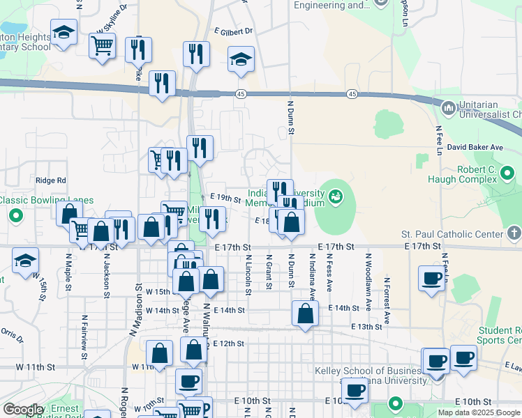 map of restaurants, bars, coffee shops, grocery stores, and more near in Bloomington