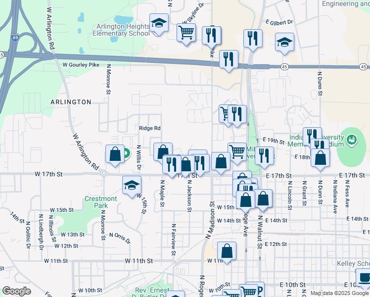 map of restaurants, bars, coffee shops, grocery stores, and more near Colonial Crest Apartment in Bloomington