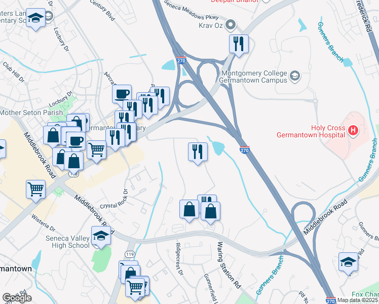 map of restaurants, bars, coffee shops, grocery stores, and more near 19901 Germantown Road in Germantown