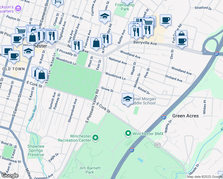 map of restaurants, bars, coffee shops, grocery stores, and more near 3 North Purcell Avenue in Winchester