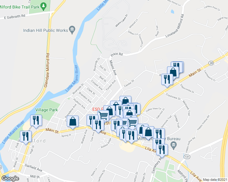 map of restaurants, bars, coffee shops, grocery stores, and more near 929 Center Street in Milford