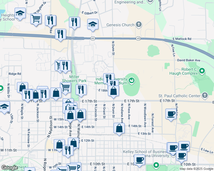 map of restaurants, bars, coffee shops, grocery stores, and more near 402 East 19th Street in Bloomington